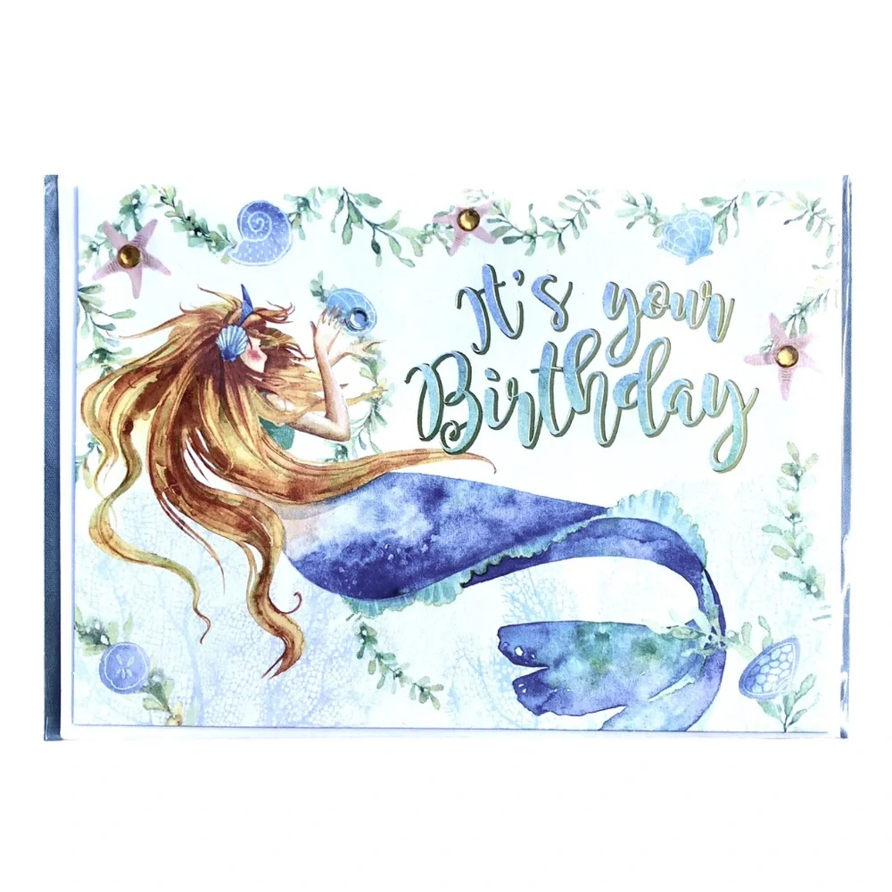 Punch Studio Single(1) 3D Embellished Birthday Mermaid Card Env+Seal 5x7 (62660)